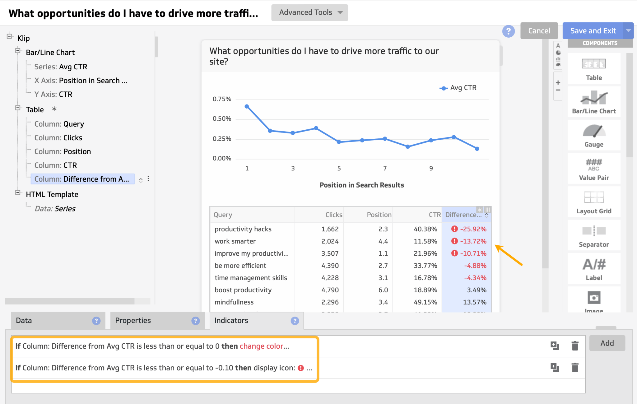 Dashboard customization options in Klipfolio. 