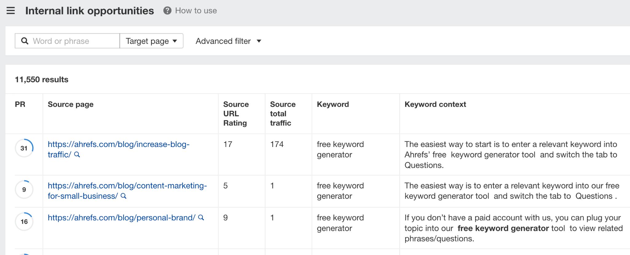 Easily finding internal links opportunities using Ahrefs.