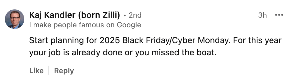 
"Start readying  for 2025 Black Friday/Cyber Monday. For this twelvemonth  your occupation  is already done oregon  you missed the boat."