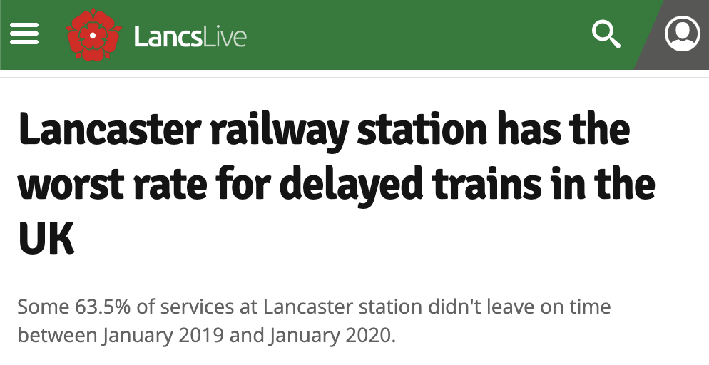 Lancashire Live (UK newspaper) covering a story about the worst cities for delayed trains