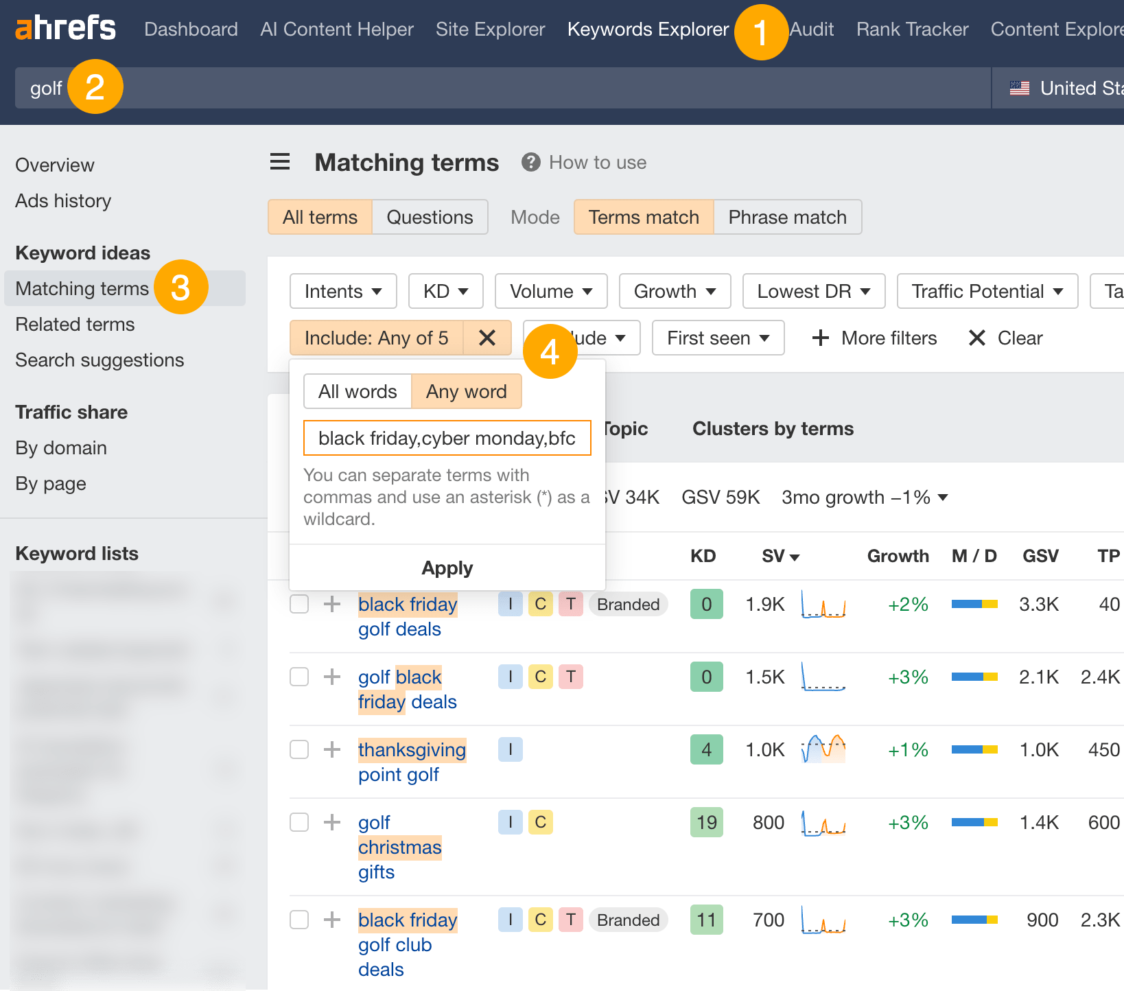 Matching terms report, filtered for holiday-related keywords