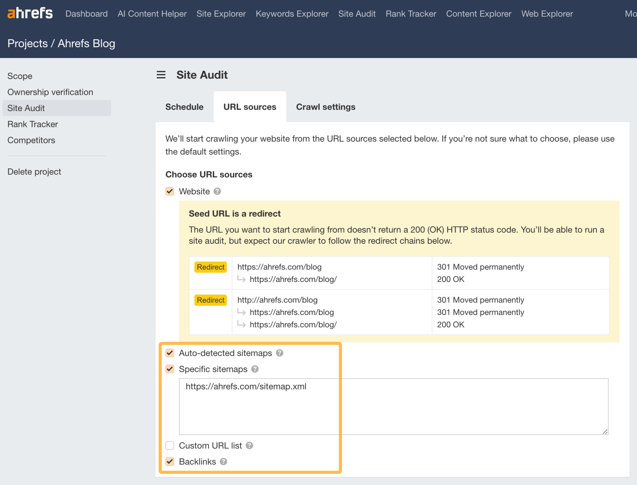 Tick these if you want to find orphan pages in Site Audit