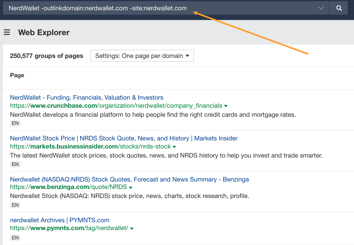 Using Ahrefs' Web Explorer to find unlinked brand mentions.