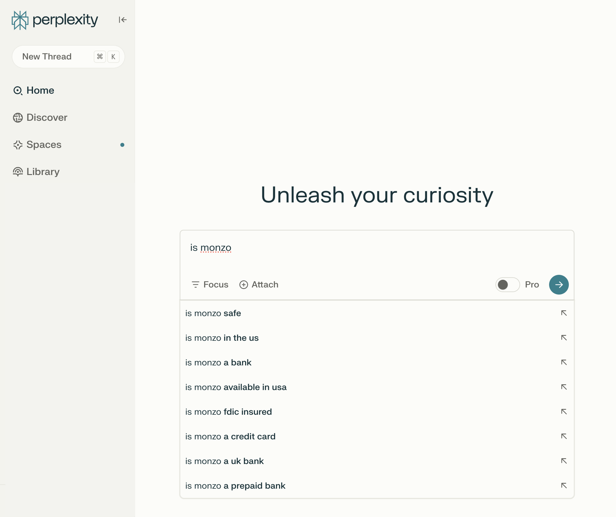 A screenshot in Perplexity of the words 'Is monzo' triggering a drop-down for brand related questions like "...safe” or “...available in the usa”