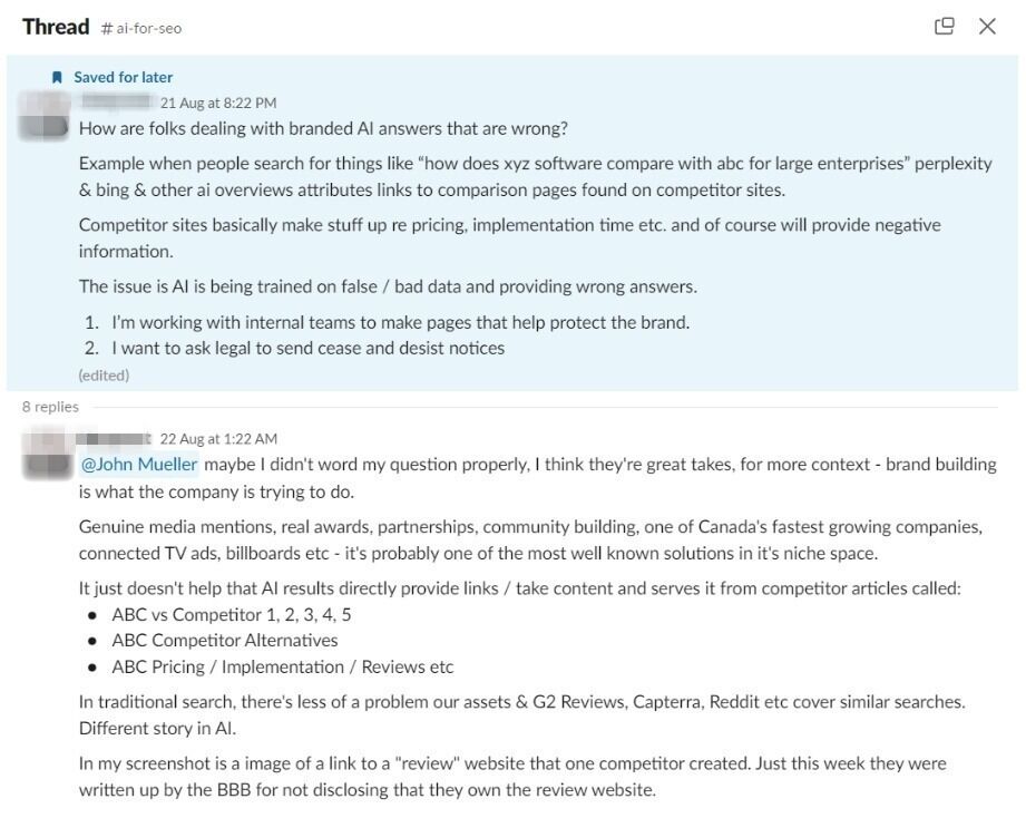 A Slack thread discussing issues with AI-generated brand comparisons that pull biased competitor information, potentially harming brand reputation. The user is creating protective content and considering legal action, noting that AI results often differ from traditional search by highlighting competitor-driven articles.