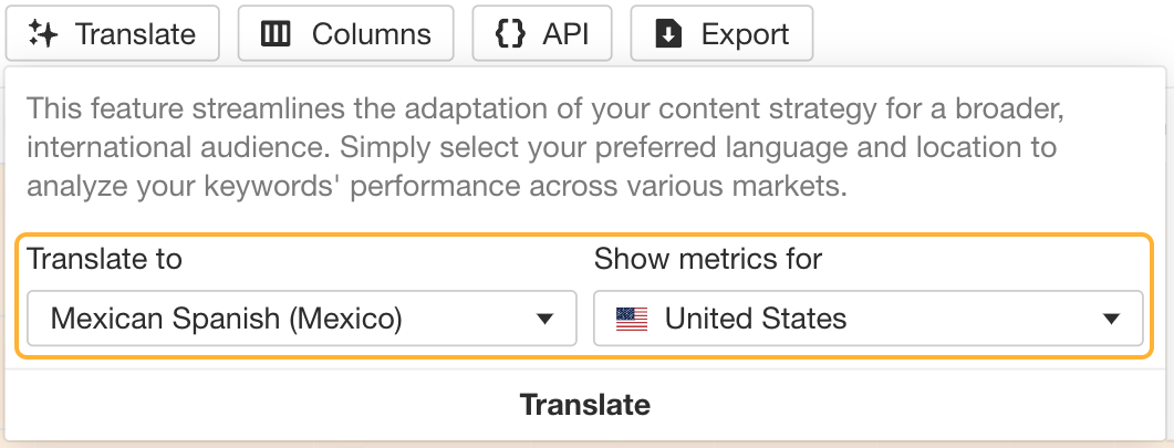 Ahrefs' AI keyword translator which can separate languages and regions.