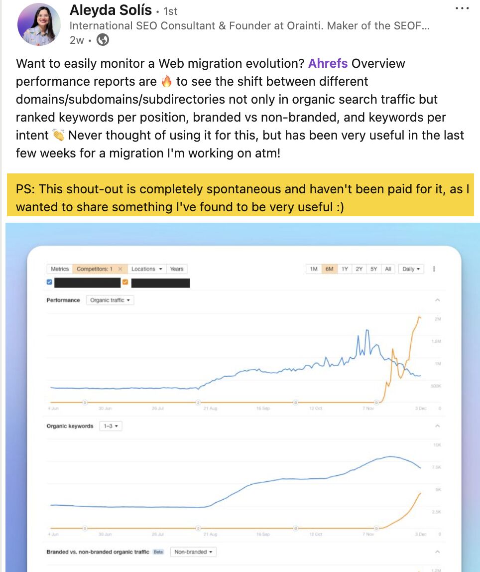 Aleyda Solis Sharing A Spontaneous Mention of Ahrefs Features