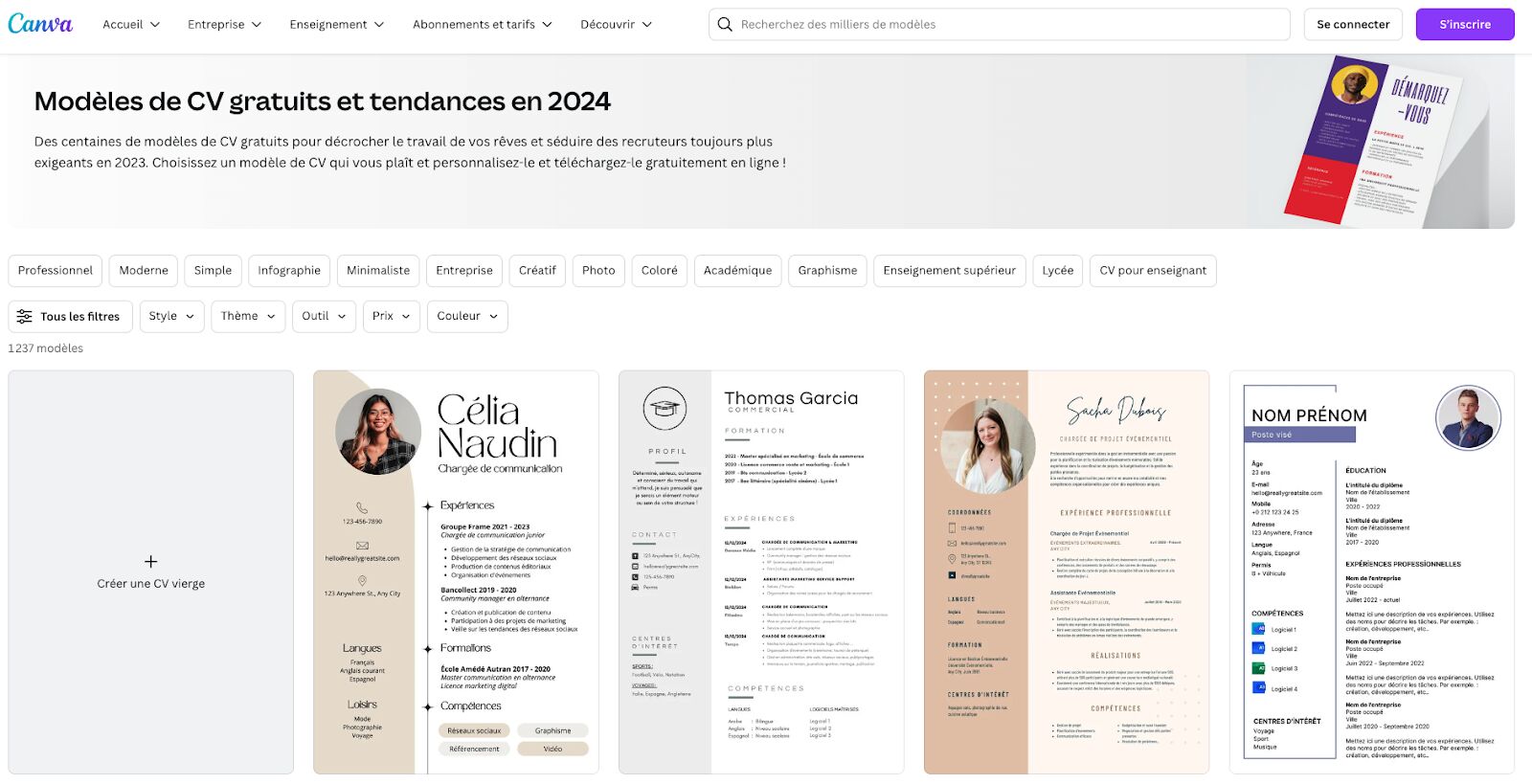 Canva's French resume templates page.