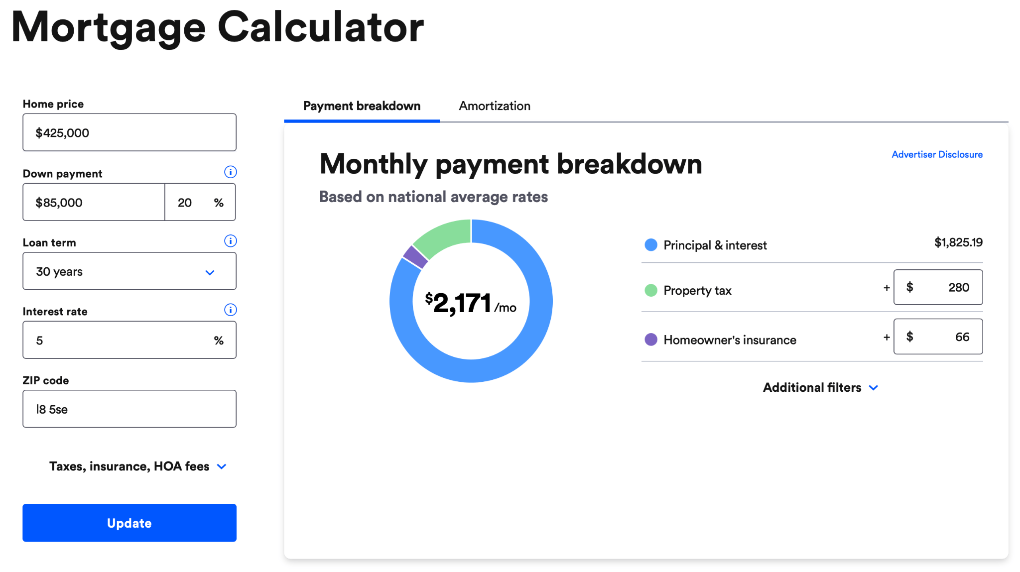 Captura de pantalla de la calculadora de hipotecas