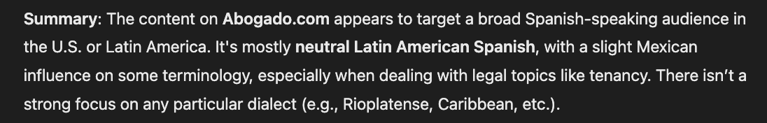 Screenshot of ChatGPT's summary after analyzing Abogado.com's primary dialect and confirming it is neutral Latin American Spanish with a slight Mexican influence.