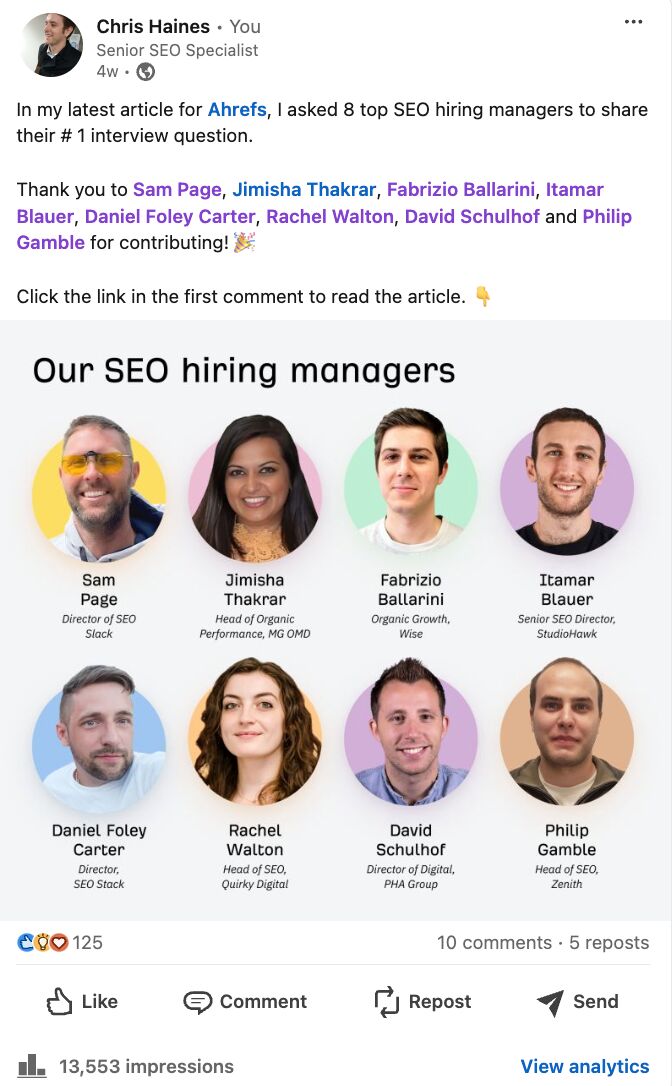 SEO Hiring Managers LinkedIn Post Example