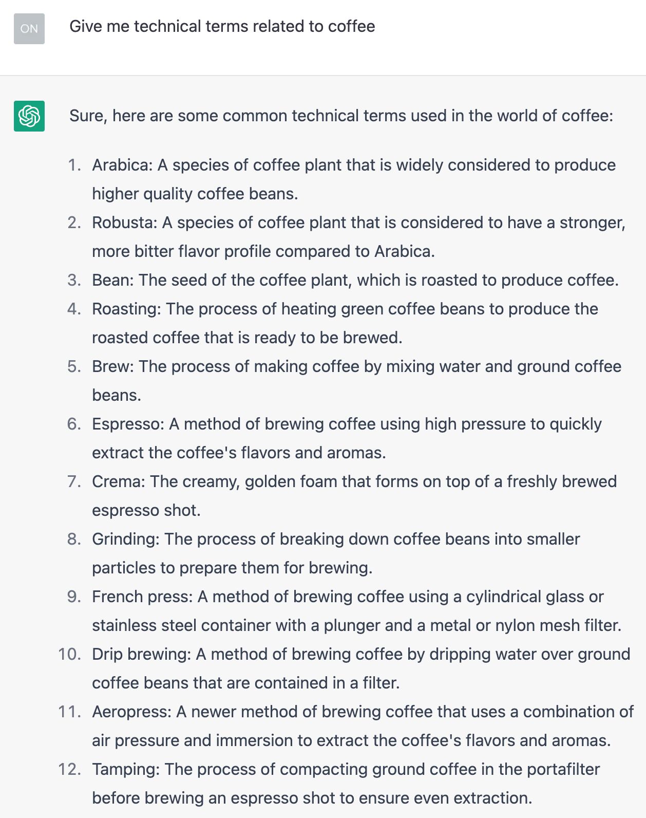 Technical terms related to coffee generated by ChatGPT.