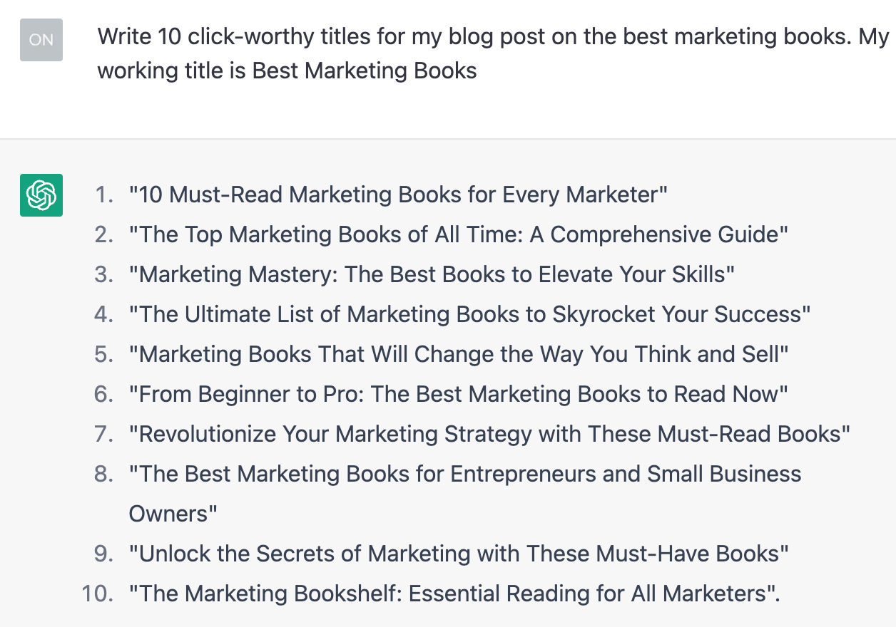 Titles generated by ChatGPT for a post on best marketing books.