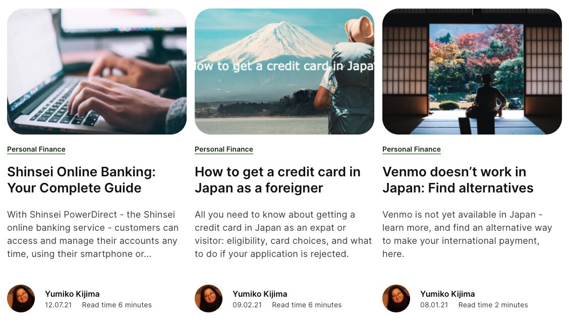 Wise's content for expats in Japan focuses on how to get credit cards in Japan as a foreigner, finding Venmo alternatives and more.