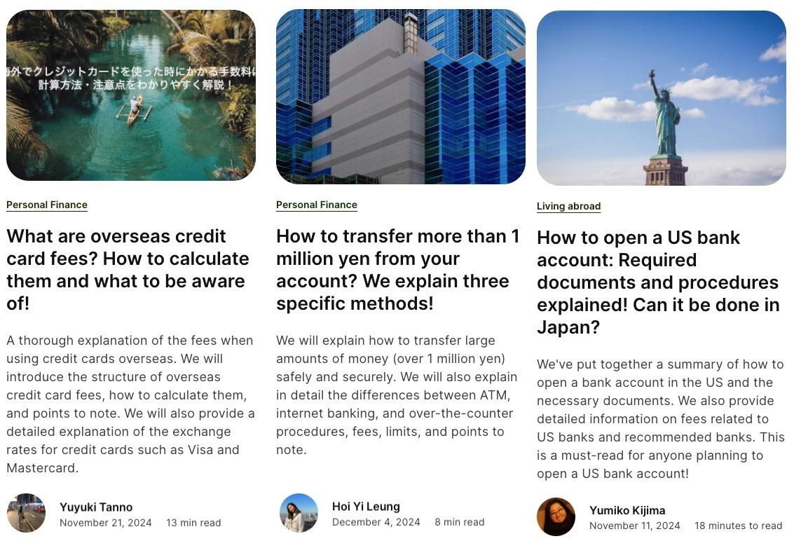 Wise's Japanese content focuses on things like opening a bank account abroad, bypassing yen transfer limits and more.