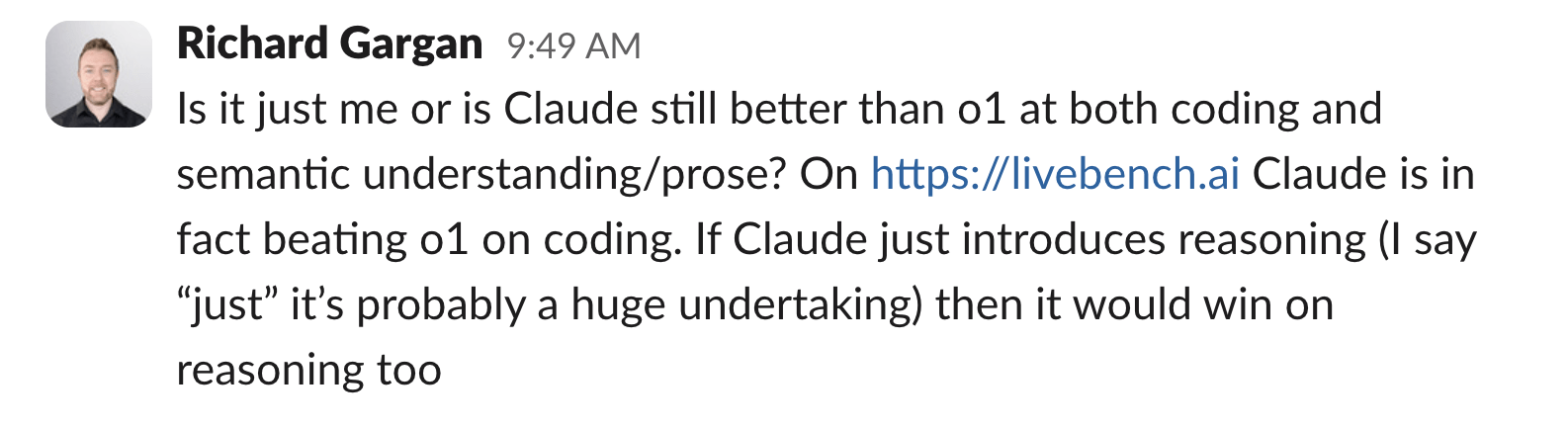 An example post in The SEO Community from Richard Gargan reading "Is it just me or is Claude still better than o1 at both coding and semantic understanding/prose? On https://livebench.ai Claude is in fact beating o1 on coding. If Claude just introduces reasoning (I say "just" it's probably a huge undertaking) then it would win on reasoning too."