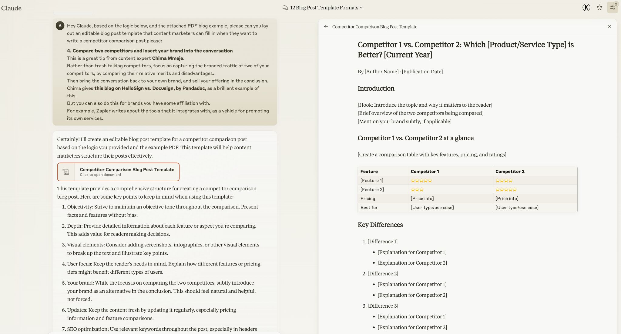 An example of a Claude Artifact creating a blog post template for a competitor comparison post.