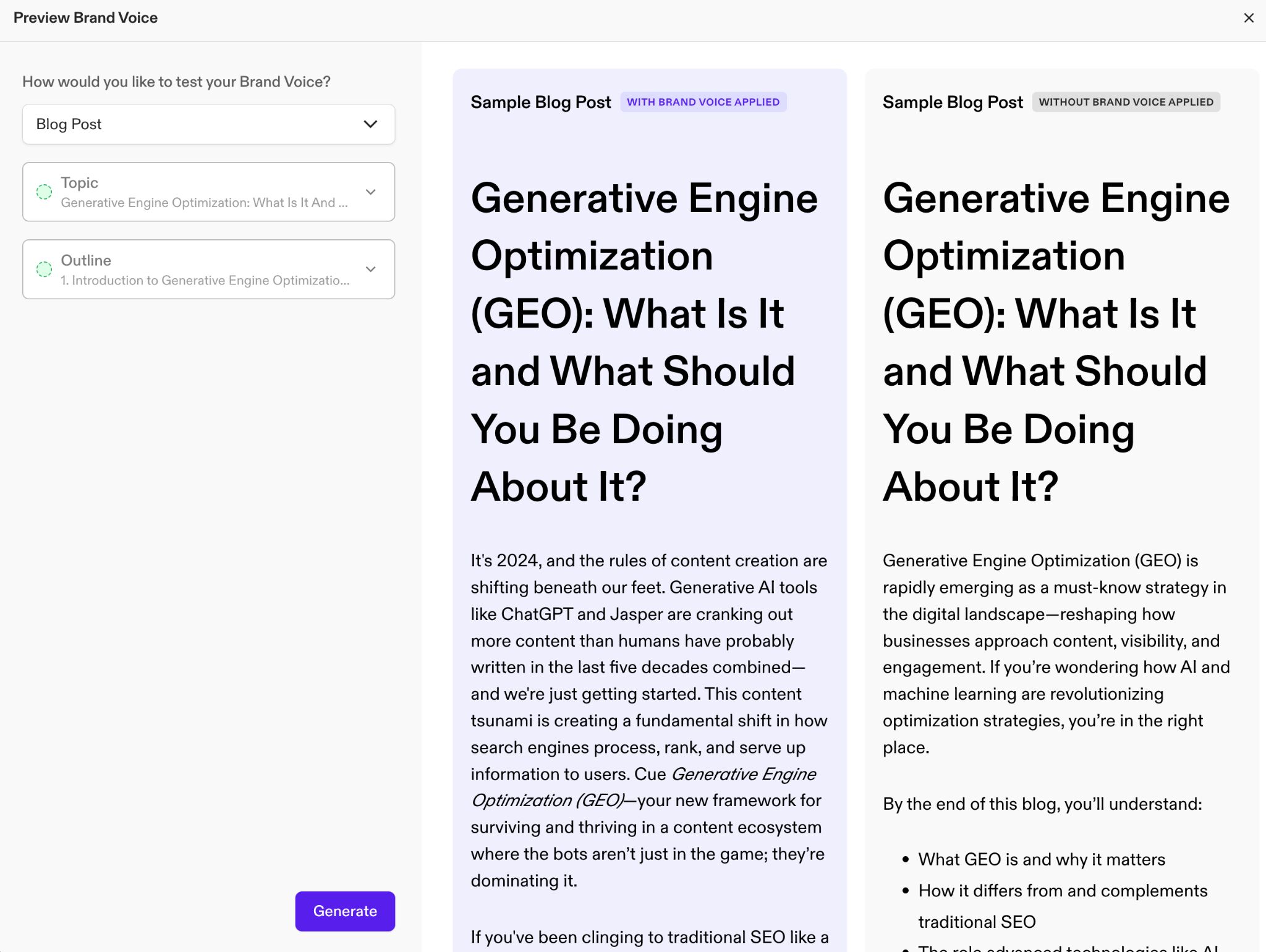 A screenshot of 'Brand voice' creator in ai content creation tool Jasper.ai. Example includes a blog on GEO (Generative Engine Optimization) with brand voice applied and without.