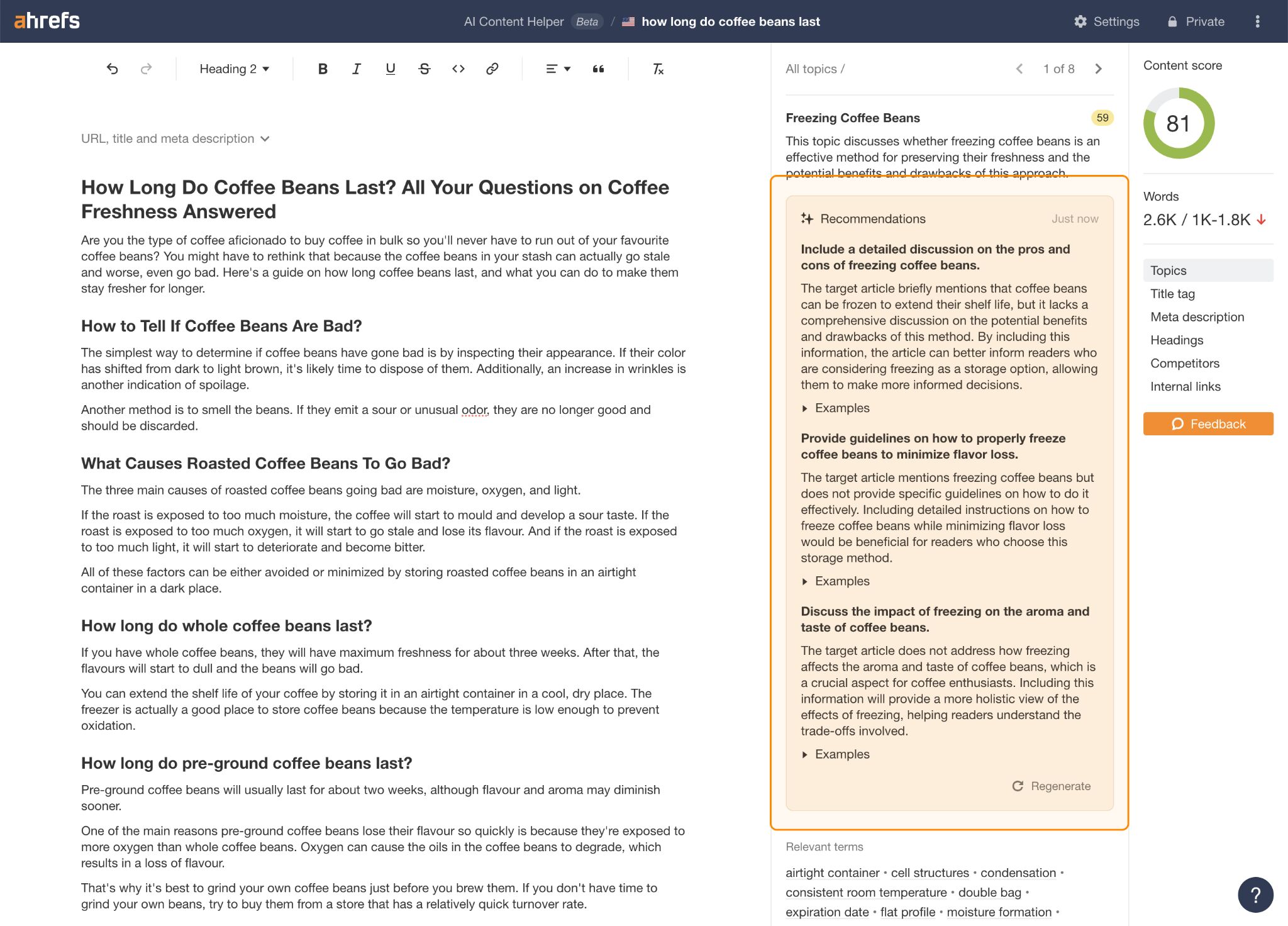 A screenshot of Ahrefs AI Content Helper showing recommendations for subtopics around the main topic of 'How long do coffee beans last?'