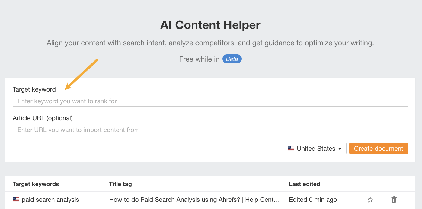 A screenshot of Ahrefs AI Content Helper homepage, with two search bars—one for 'Target keyword' and one for 'Article URL', with an arrow pointing to 'Target keyword'