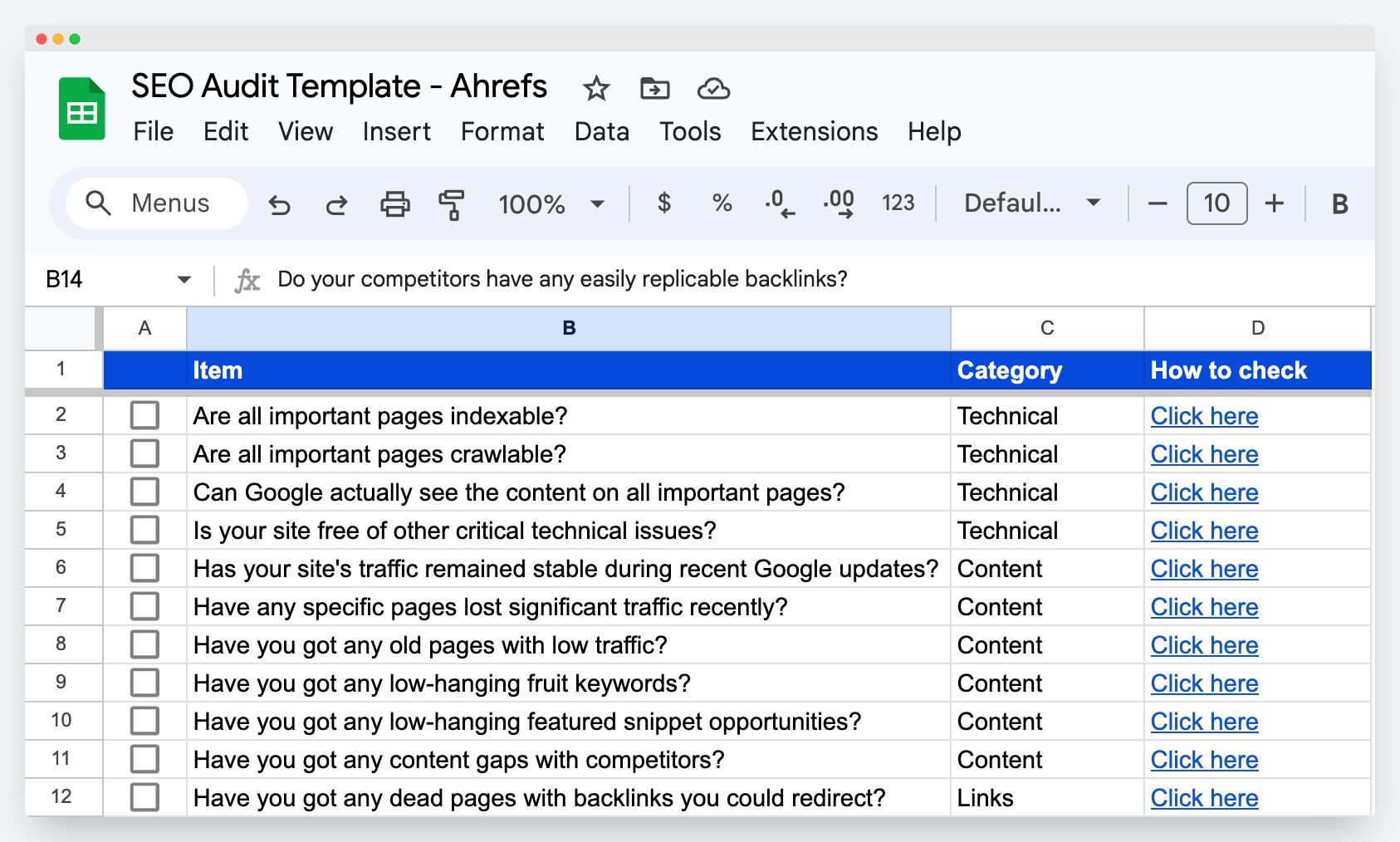 An SEO template for audts in Google Sheets as laid out by ahrefs