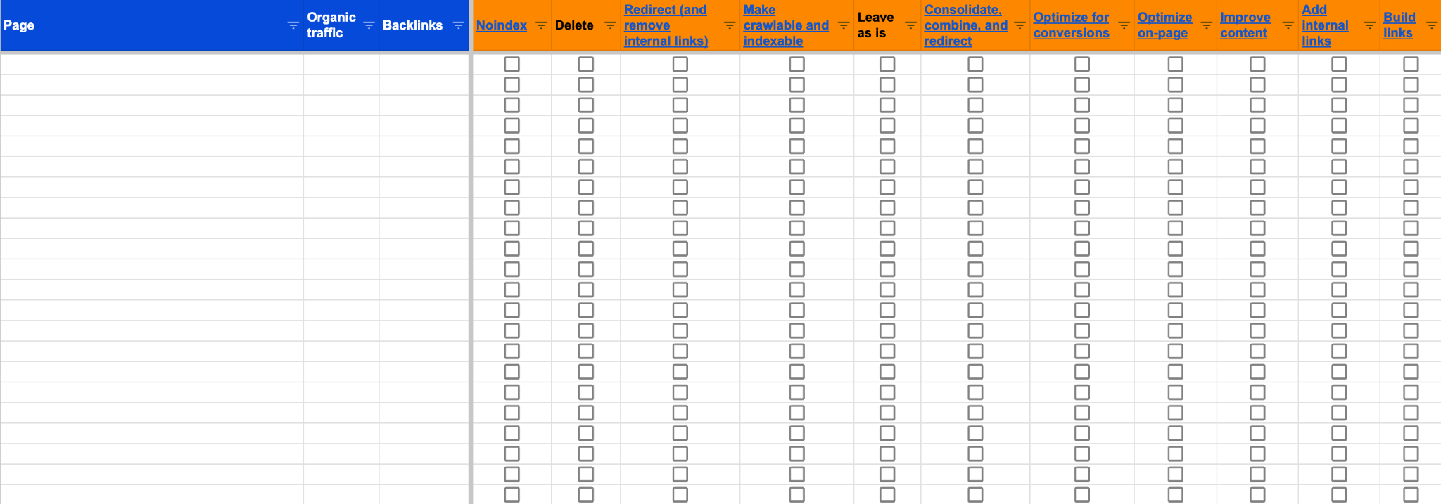 A content audit Google Sheets template as laid out by ahrefs