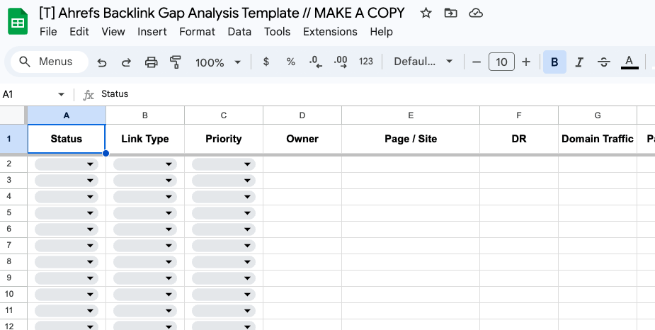 A screenshot of Ahrefs' backlink gap analysis spreadsheet template.