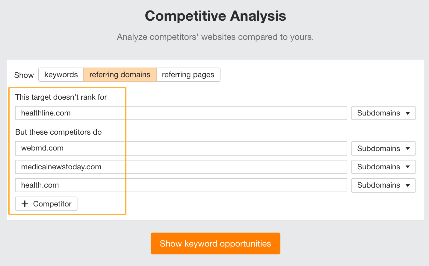 Adding your website and competitors into Ahrefs' Competitive Analysis report.