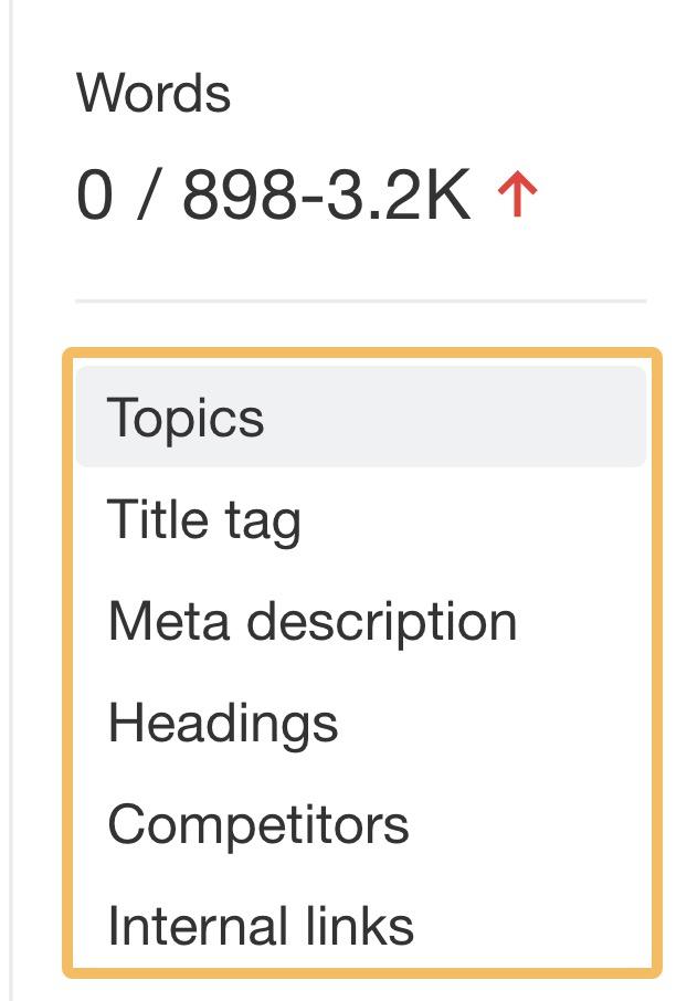 Ahrefs AI Content Helper menu indicating sections for topics, title tag, meta description, headings, competitors and internal links.