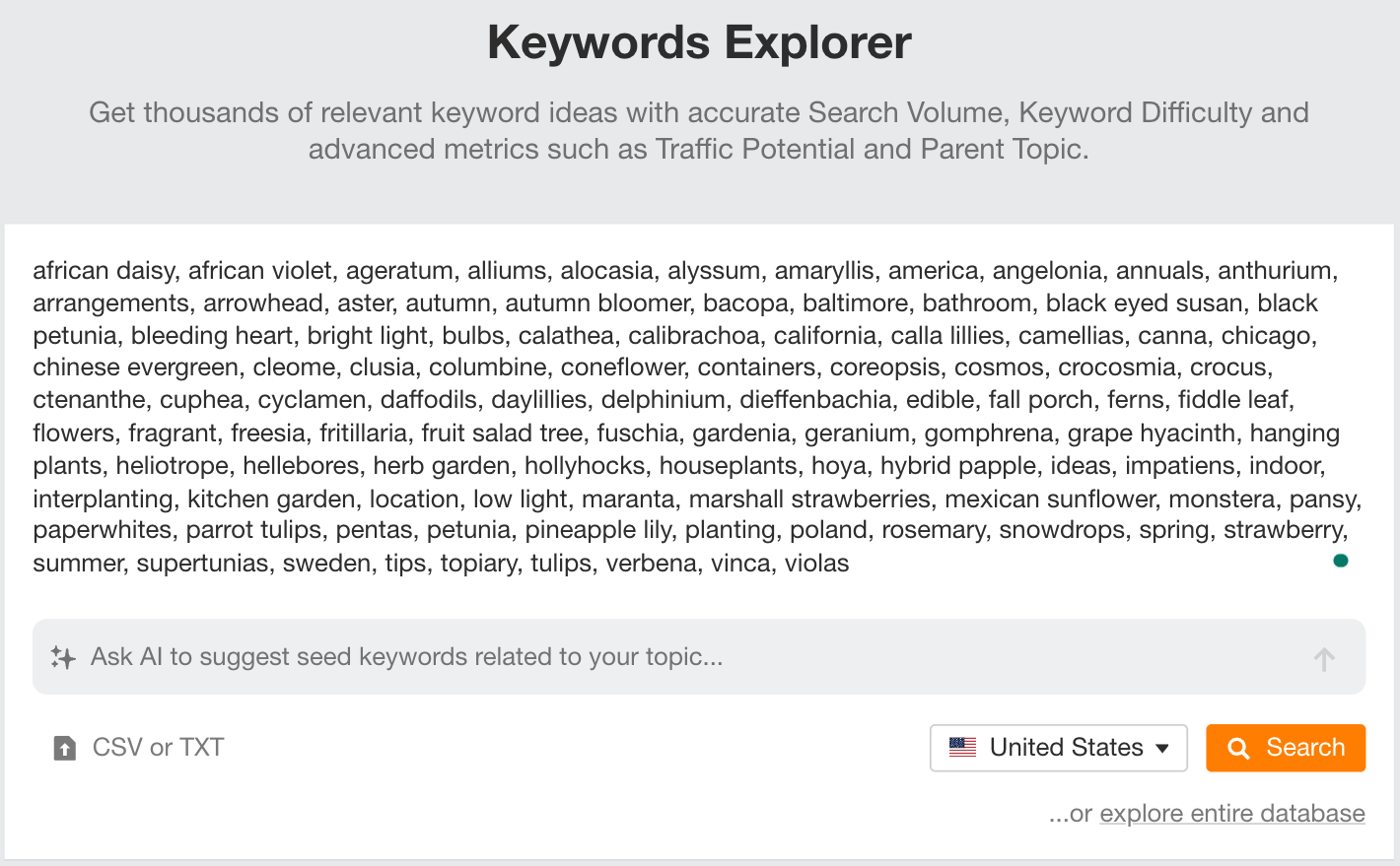 Bulk import method for assessing up to 10,000 keywords in Ahrefs.