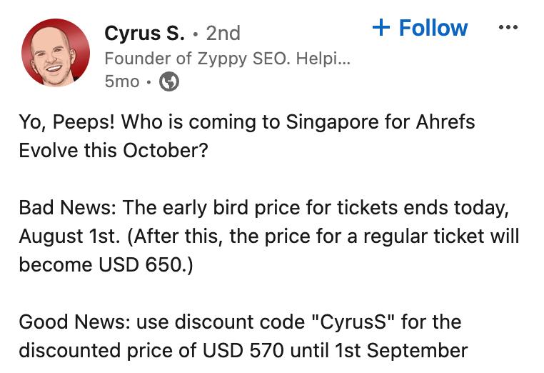 Cyrus Shepard sharing his discount code on LinkedIn