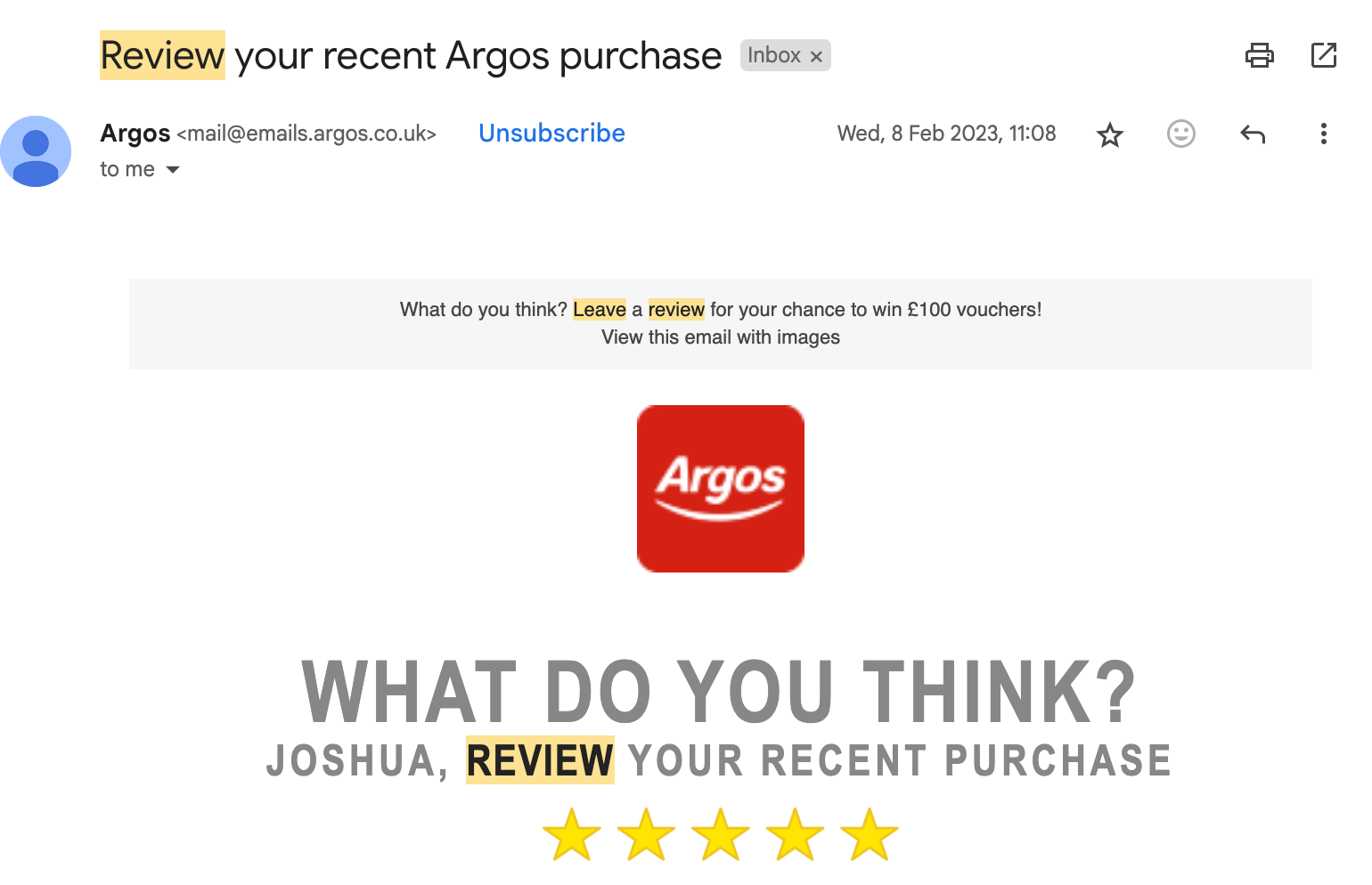 Example of an automated email to entice reviews