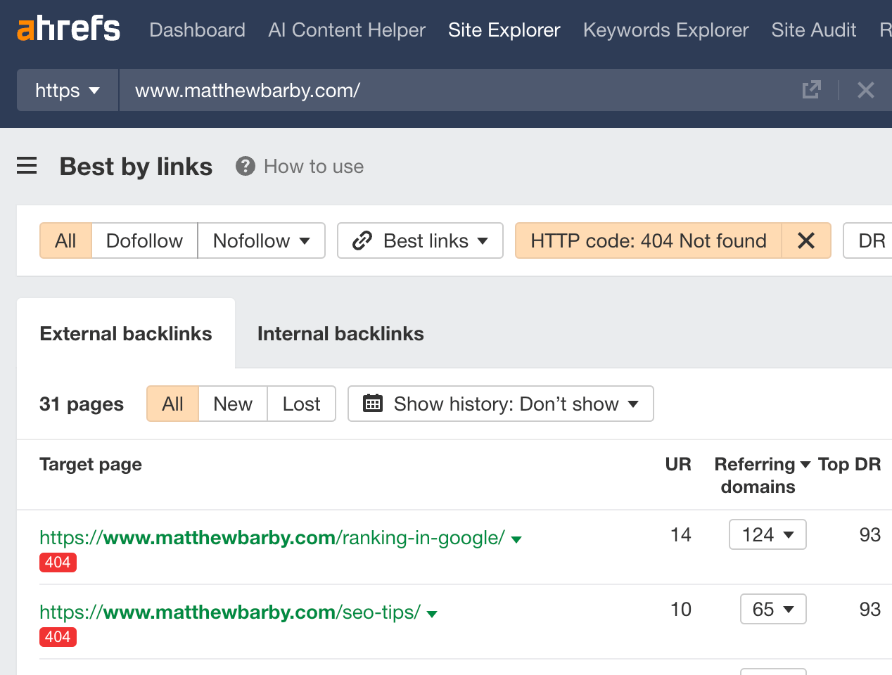 Finding dead pages with links using the Best by Links report