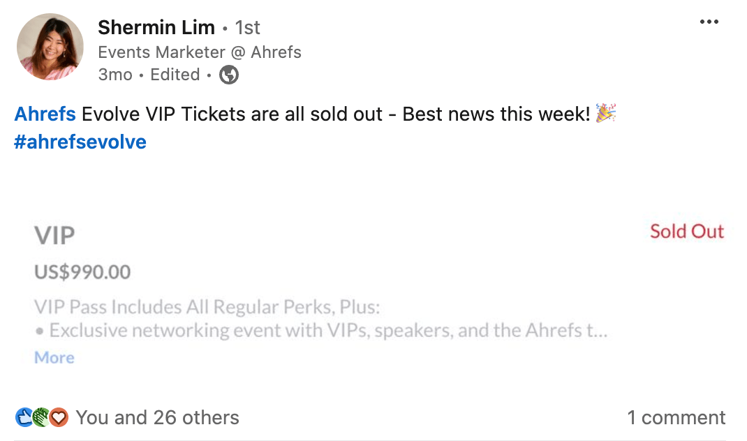 Shermin sharing that Evolve VIP tickets are sold out