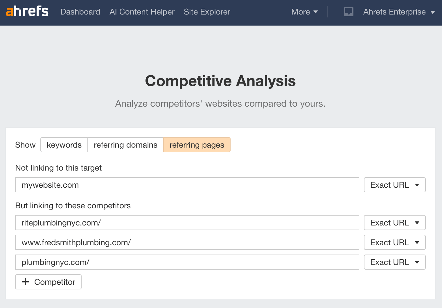 Using Ahrefs' Link Intersect tool to find pages linking to multiple competitors