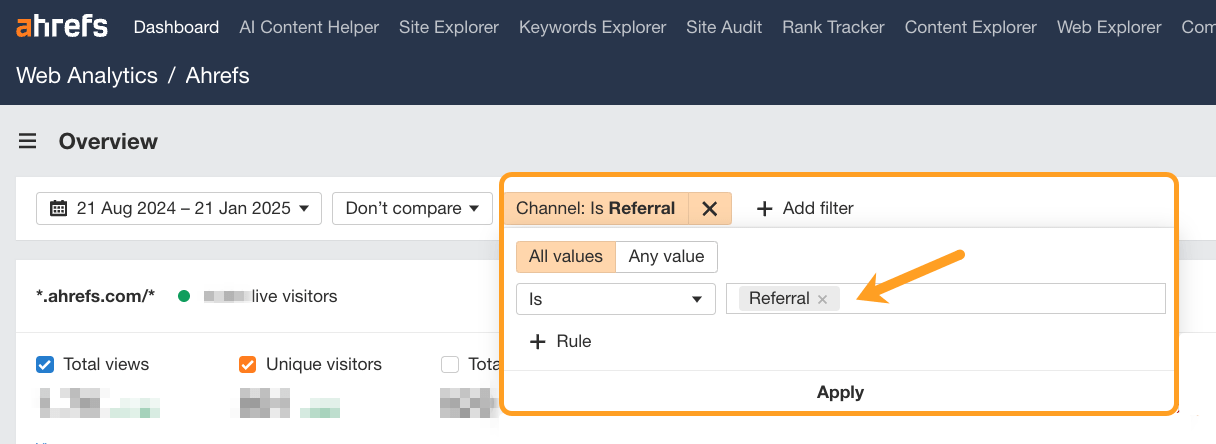 A screenshot of Ahrefs Web Analytics highlighting how to add a channel filter for referral traffic