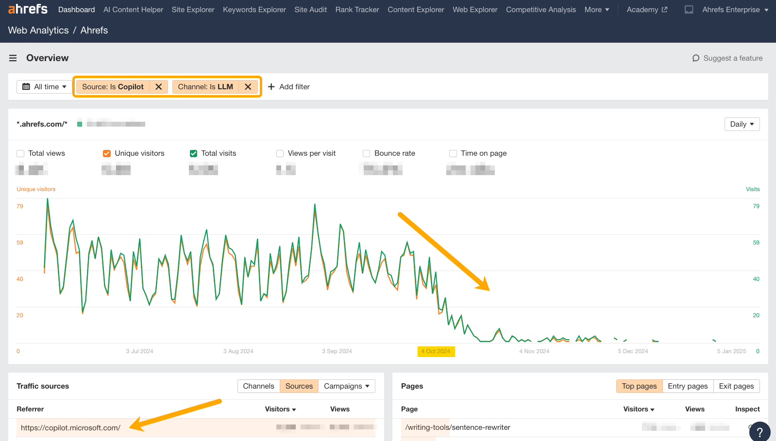 A GA4 analytics instance also shows a trend line for Copilot traffic (starting from August 2024) which displays a clear decline around October 2024. The real traffic figures on the chart are censored.