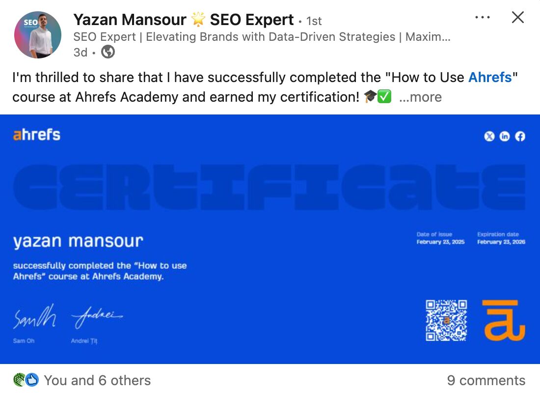 Ahrefs' SEO certificate. 