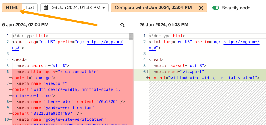 Checking both the content and code edits made on a page.