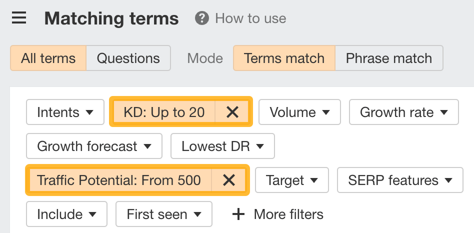 Filters for high Traffic Potential (TP) and low Keyword Difficulty (KD)