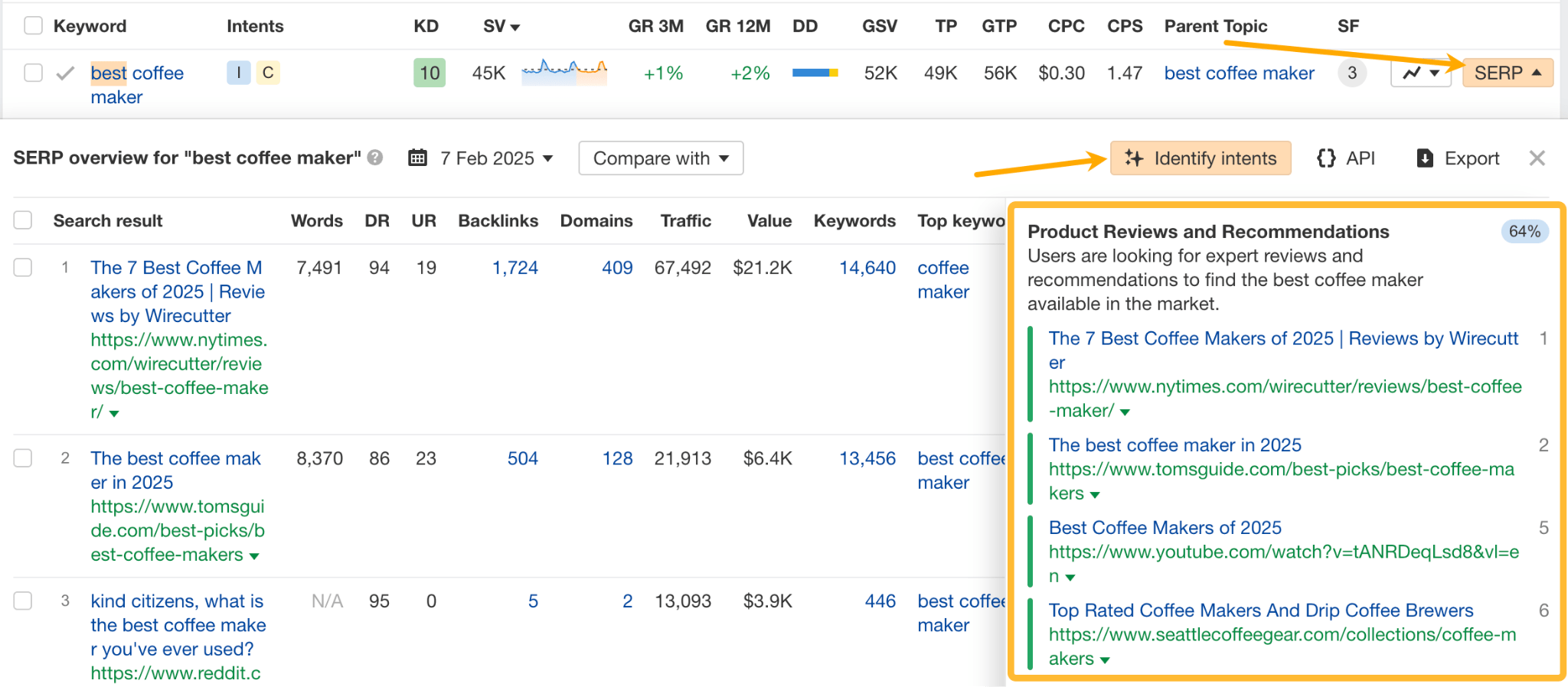 Identify intents feature in Keywords Explorer tells you the search intent for any keyword