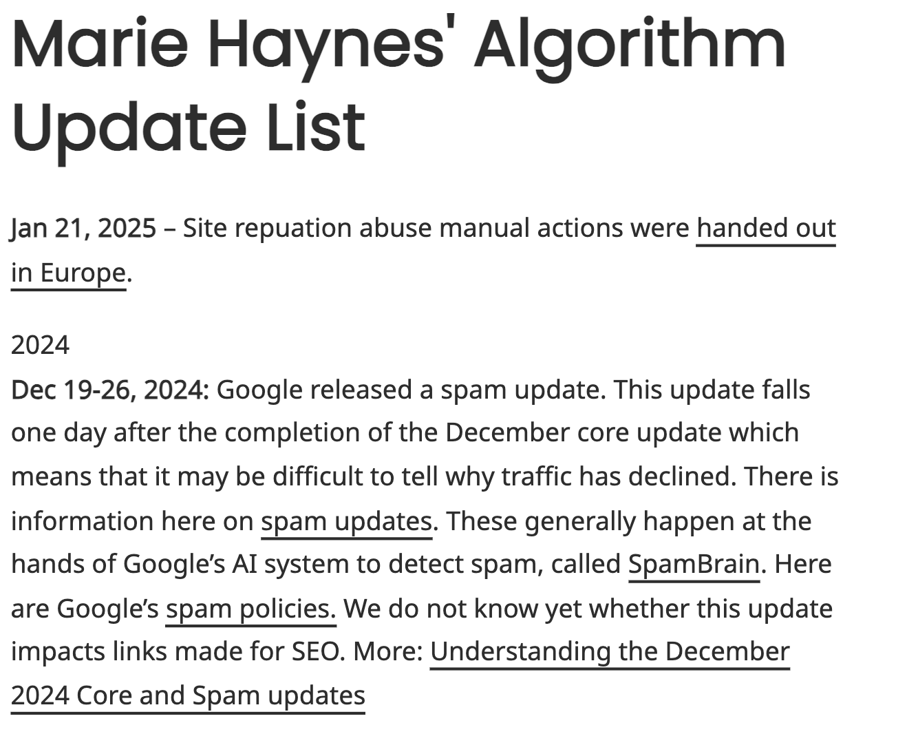 Marie Haynes' algorithm update list with comments on her insights and data about past updates.