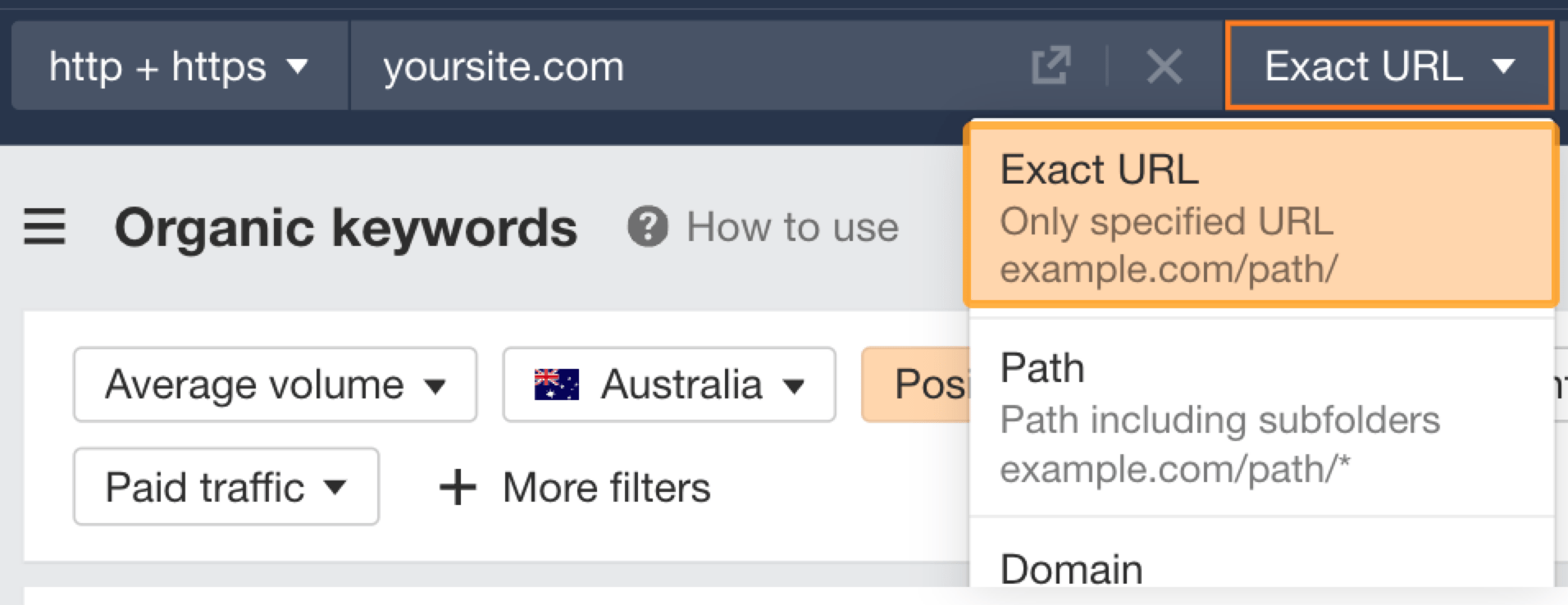 Setting Ahrefs Site Explorer into Exact URL mode.