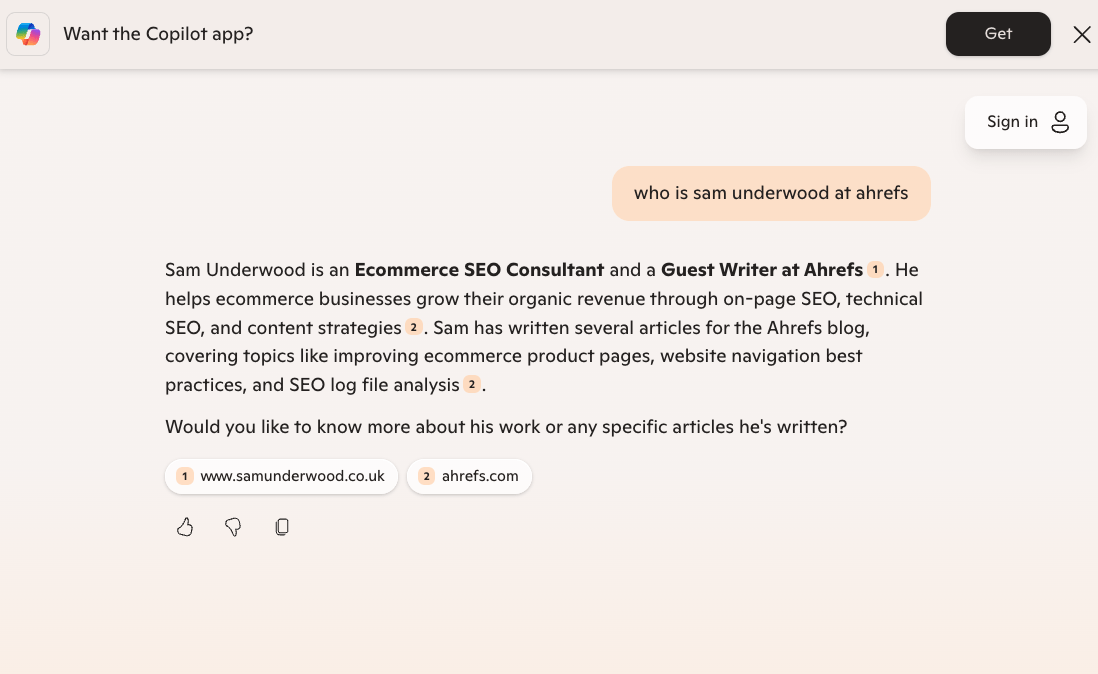 A screenshot of a query in copilot reading "Who is sam underwood at ahrefs?". Copilot responds with a description about sam underwood, a guest writer at Ahrefs, and links through to an author profile on the Ahrefs site.