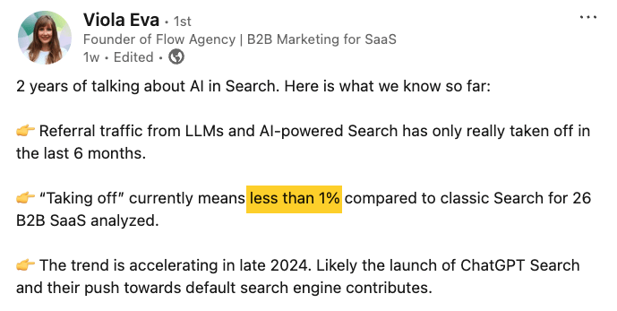 A post from Flow Agency Founder, Viola Eva, showing that less than 1% of traffic came from AI, based on her study of 26 B2B SaaS sites.