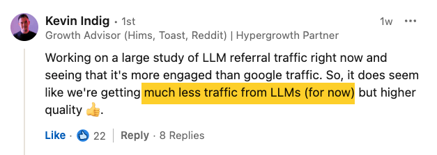 A comment from Kevin Indig on Viola Eva's post, revealing he is also seeing minimal amounts of traffic from AI/LLMs right now.