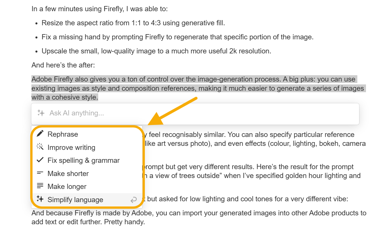 A closeup screenshot of the in-editor AI Assistant in Ahrefs AI Content Helper, allowing users to rephrase, improve writing, fix spelling & grammar, make shorter, make longer, and simplify language 