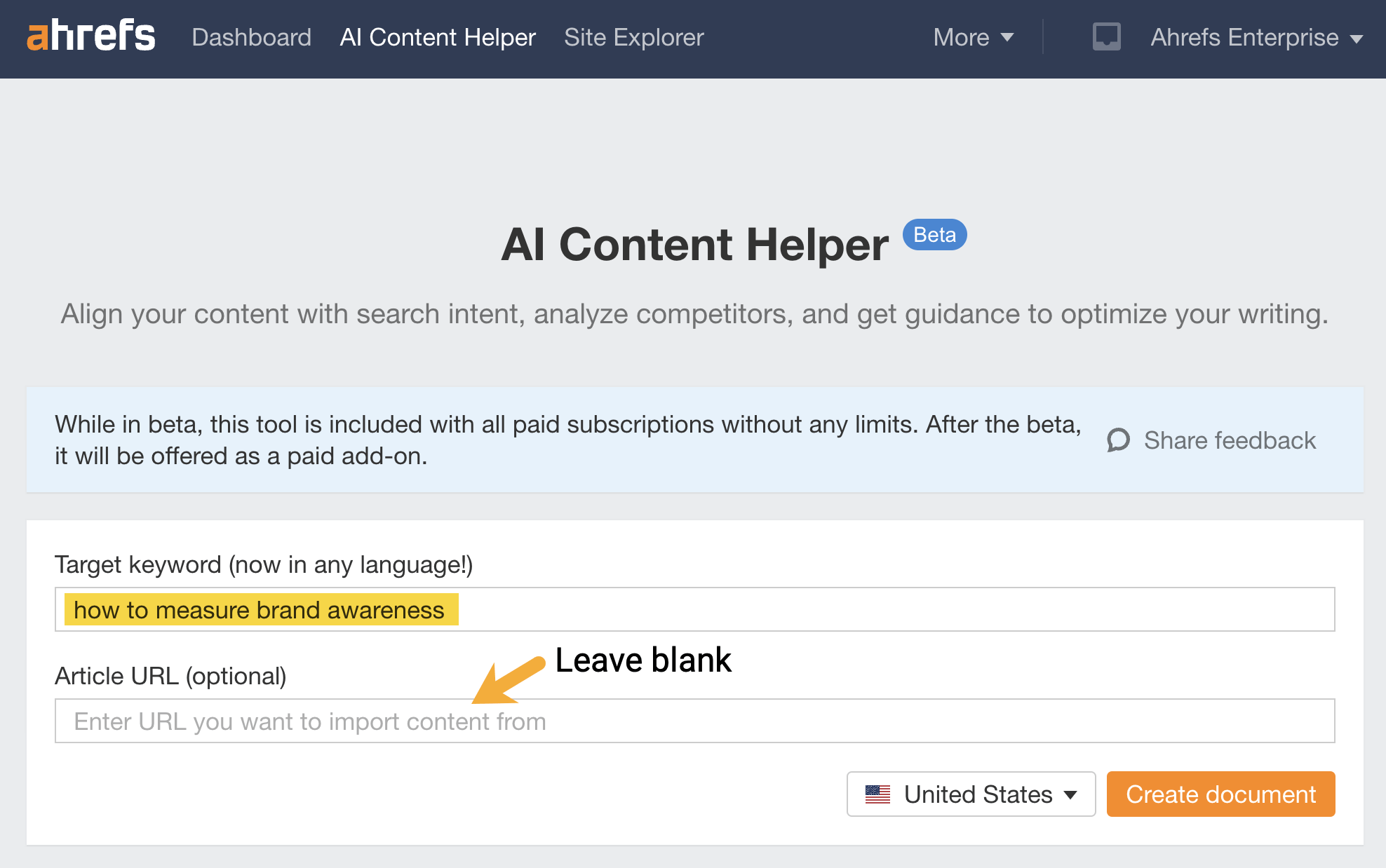 A screenshot of the Ahrefs AI Content Helper home screen, highlighting a target keyword of "how to measure brand awareness". An arrow points to a blank Article URL field, stating "Leave blank"