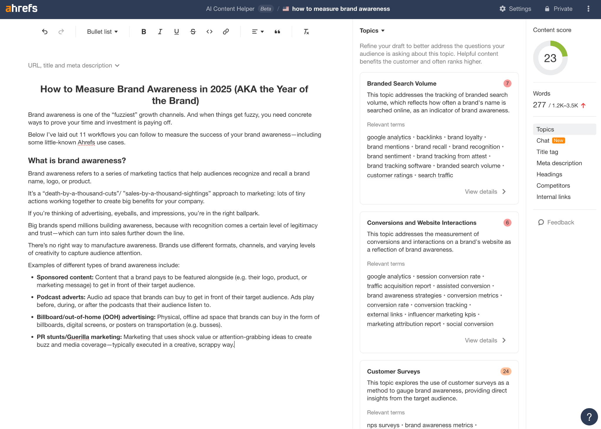 The screenshot shows an article being written in progress within the Ahrefs AI Content Helper editor