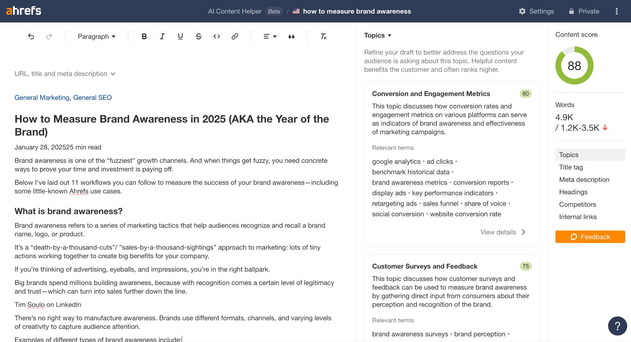 Ahrefs AI Content Helper showing a score of 88 for an article on how to measure brand awareness